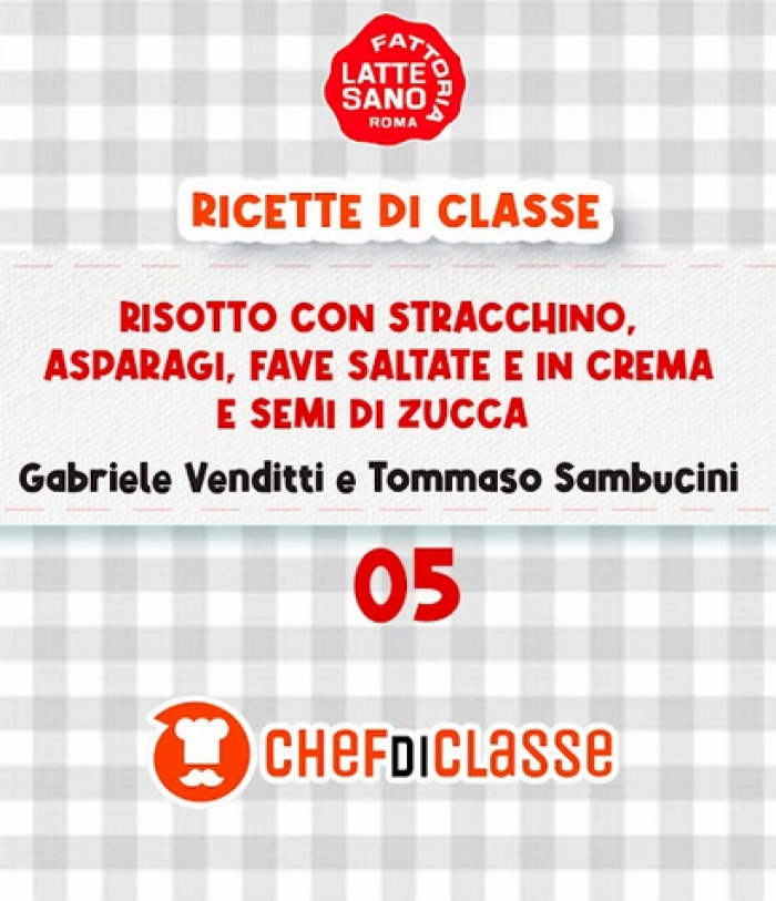 RISOTTO CON STRACCHINO, ASPARAGI, FAVE SALTATE E IN CREMA E SEMI DI ZUCCA 